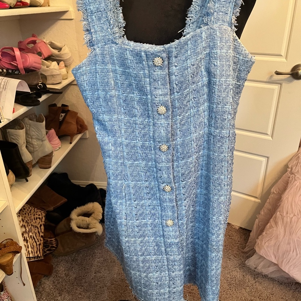 Zara Baby Blue Tweed Midi Dress with Decorative Buttons